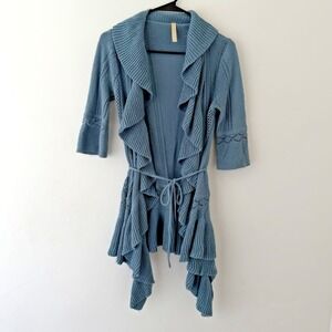 Y2K Ruffle Cardigan Blue Waterfall Open Knit Sweater M Waist Tie Fairy Coquette